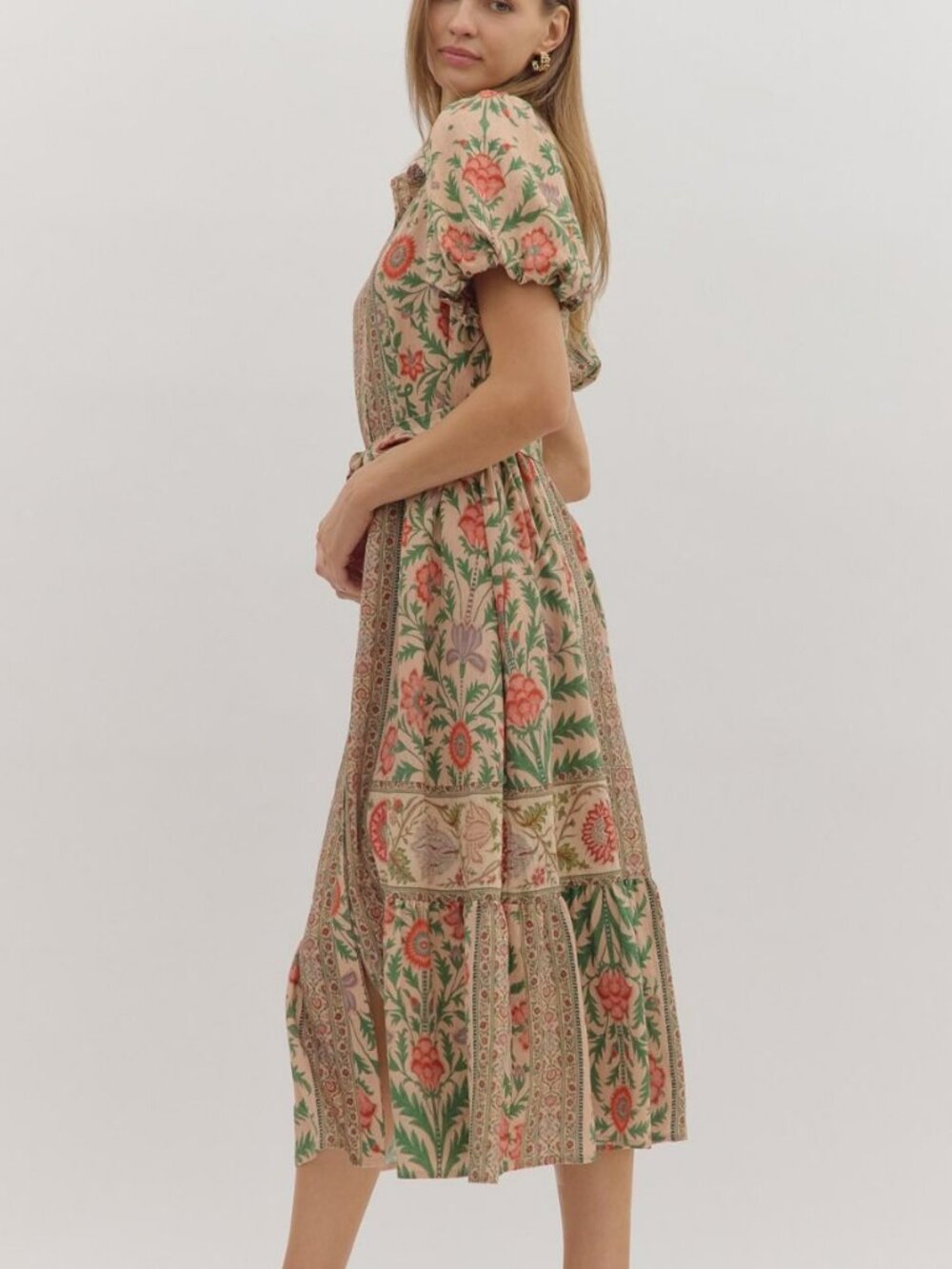 NWT Entro Botanical Print Puff Sleeve Midi Dress in Natural Multi - Picture 4 of 7